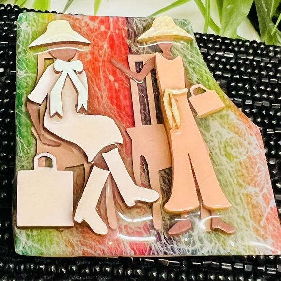 Lucinda Jewelry - Woman Pins By Lucinda Two Women Hats Tote Bag Purse Chair Vintage 4216
